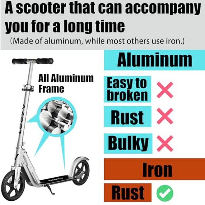 Scooter for Kids 6-12 & Adults | Adjustable Height, Foldable, Lightweight Aluminum Frame | Holds Up to 220lbs | Smooth Ride on Any Terrain