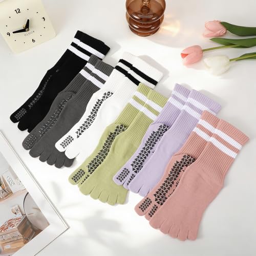 Women’s Non Slip Toe Socks for Yoga & Pilates - 6 Pairs Grippy Socks