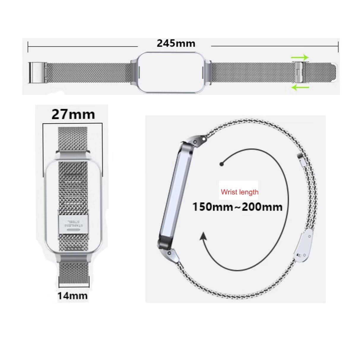 T-BLUER Compatible for Xiaomi Redmi Band 2 Bands,Stainless Steel Metal Replacement Strap Bracelet Wristband Accessories with Metal Frame for Xiaomi Smart Band 8 Active