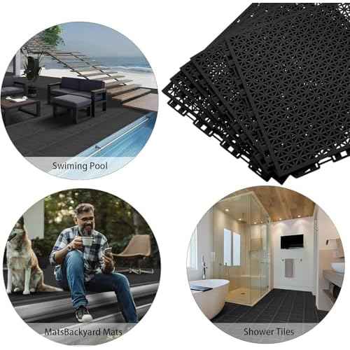 16 PCS Modular Interlocking Cushion Interlocking Floor Tiles with Hole Drainage Tiles Mat 10" x 10" Non Slip Pool Deck Mat Outdoor for Drain Deck Pool Patio Shower Kitchen Balcony(Black)