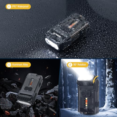 BORUIT V15 LED Small Powerful EDC Flashlight with Warm White Red Light,Bright 1200LM USB C Rechargeable 10 Modes Mini Pocket Keychain Flash Light with Clip,IP67 Waterproof,80¡ÆHead Swivels,Tail Magnet