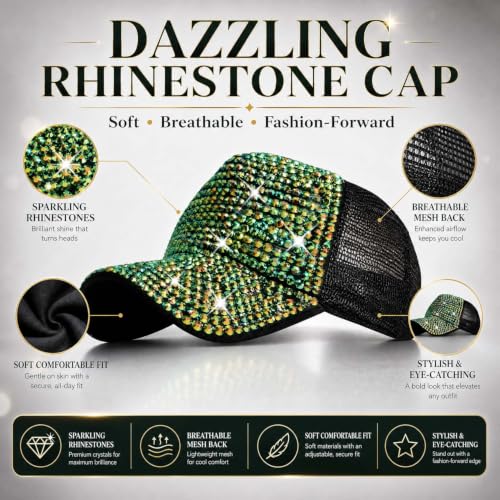 Bling Rhinestone Mesh Visor Cap - Adjustable Denim Hat Black+Green
