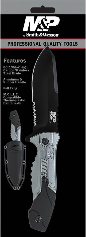 Smith & Wesson M&P Fixed Blade Knife - 8.7in Full Tang with 4.1in Serrated Clip Point Blade, Black Aluminum Handle