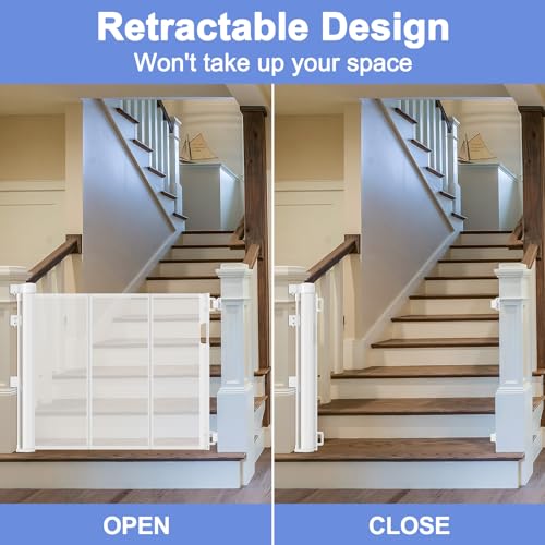 Reinforced Retractable Baby Gates for Stairs 55 Inch Reinforced Strip Baby Stair Gate Retractable Dog Gate for Stairs Retractable Gate for Stair Post, Banister to Banister, Banister to Wall, Doorway