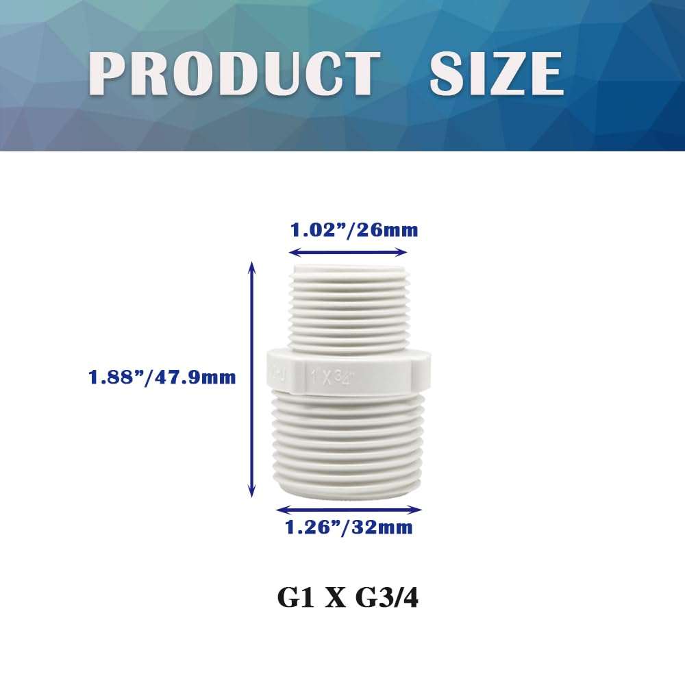 HayEastdor 9PCS 1" to 3/4" PVC Pipe Fitting Hex Nipple G1 Male X G3/4 Male Coupling Adaptor of Thread Plumbing PIPE Connection