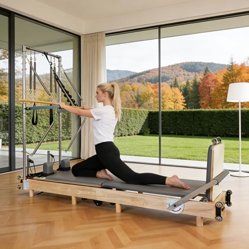 Wood Pilates Reformer Machine with Tower - Foldable Home Equipment