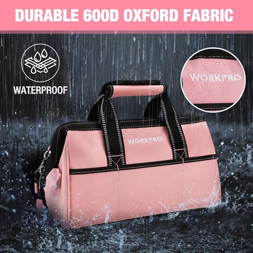 WORKPRO 13-Inch Tool Bag, Pink Soft Cloth Tool Storage Bags, Wide Mouth Tool Tote Bag with Inside Pockets - Pink Ribbon