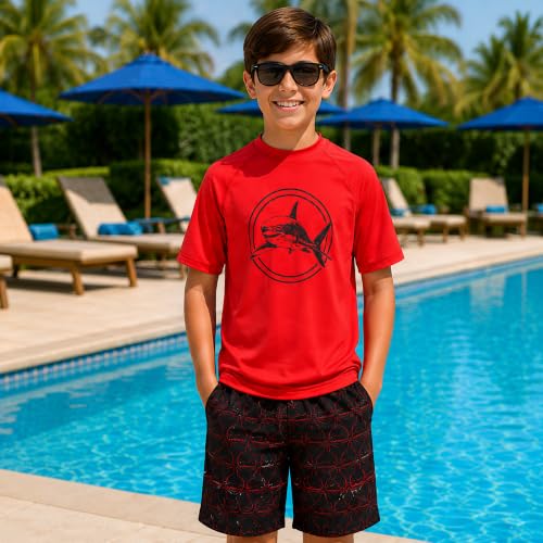 Boys 2-Piece Rash Guard Swim Set - Short Sleeve & Trunks - Red/Black Shark