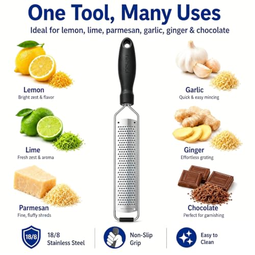 Lemon Zester Grater - Stainless Steel with Handle - Black