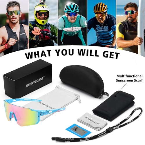 STORYCOAST Polarized Sports Sunglasses Blue Frame-Pink, 73mm Unisex Cycling & Running Eyewear