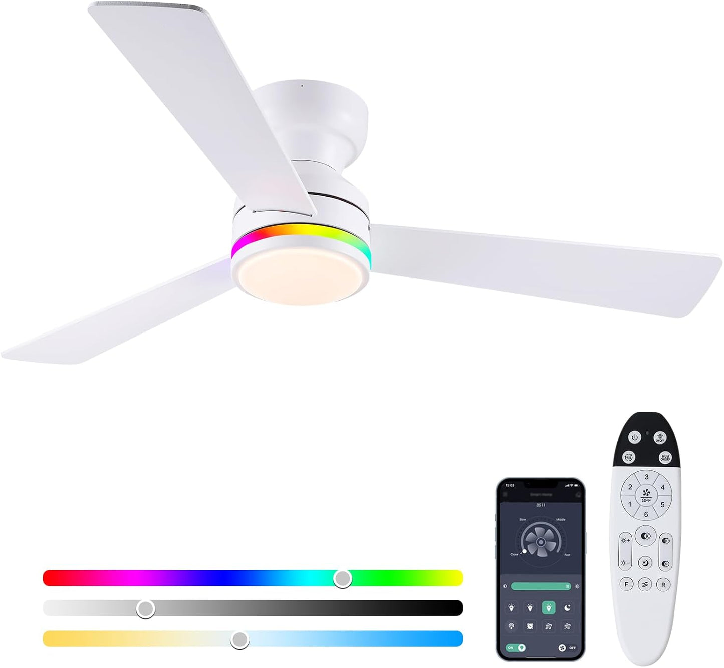 46” Black Low Profile Ceiling Fan with Lights & Remote Control - Dimmable, Noiseless, Reversible for Bedroom