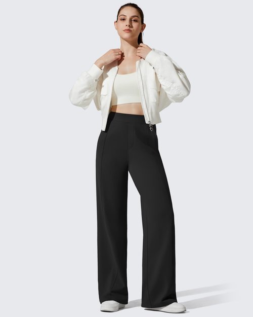 G4Free Fleece Lined Yoga Sweatpants for Women Elastic Waist Wide Leg Pants with Pockets Winter Thermal Work Trousers Dressy Casual Warm (Black,M,27")