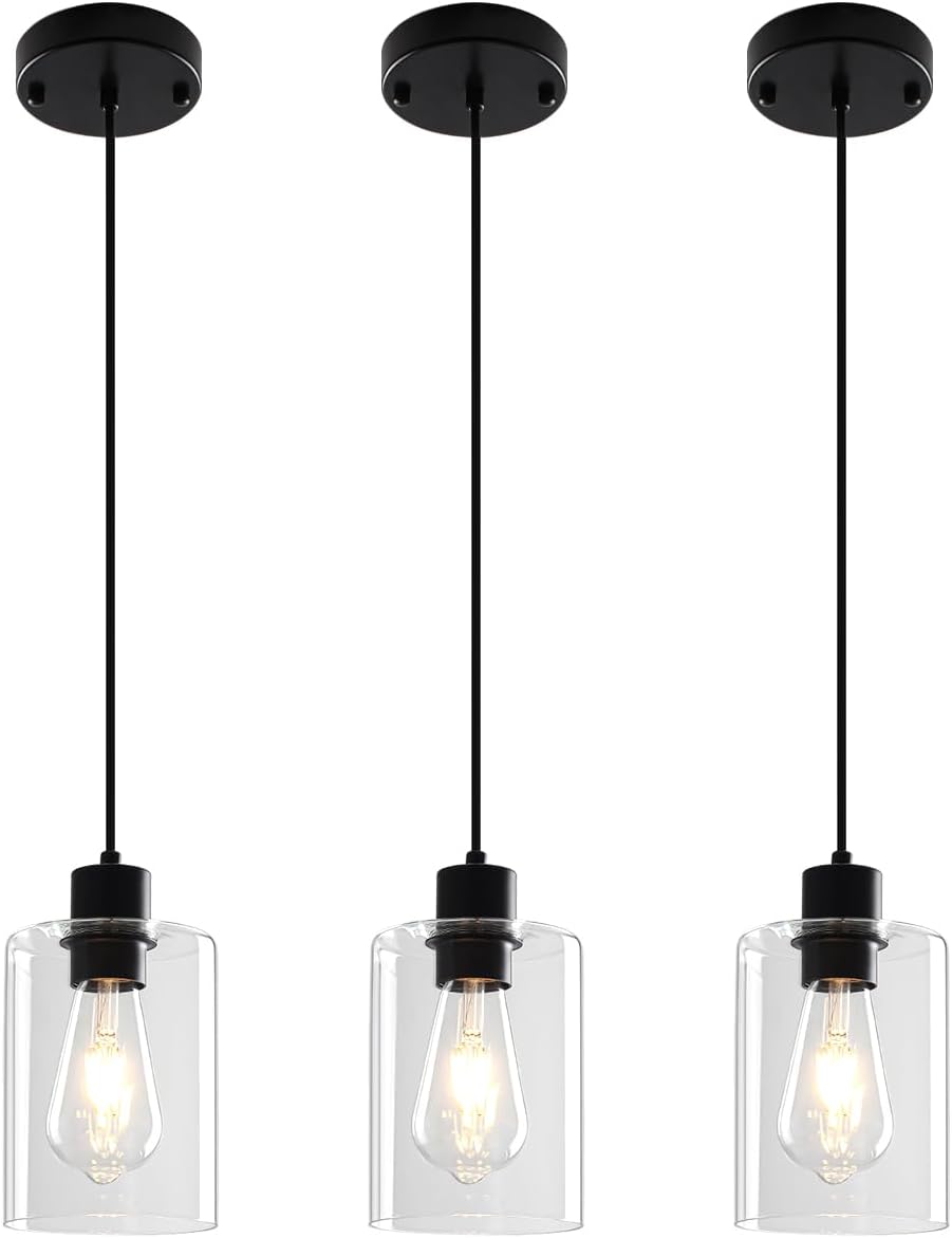 Modern Black Pendant Lights for Kitchen Island - 3 Pack Glass Hanging Fixtures