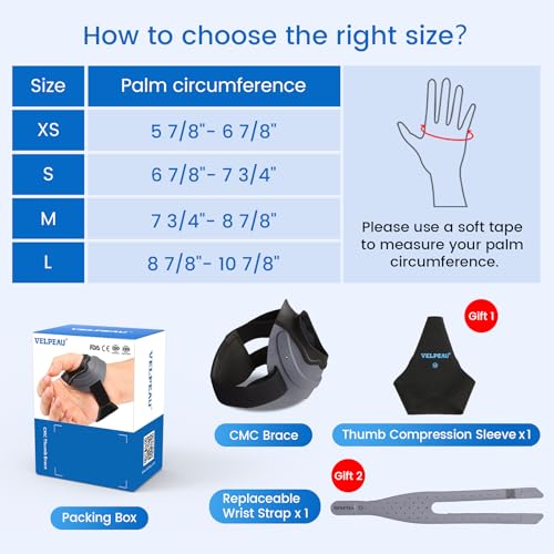 Velpeau CMC Thumb Brace for Arthritis Pain and Support, with High Elasticity and Anti Slip Wrist Strap, Comfortable Thumb Splint Stabilizer for Osteoarthritis for Women and Men (Grey, Right Hand, M)