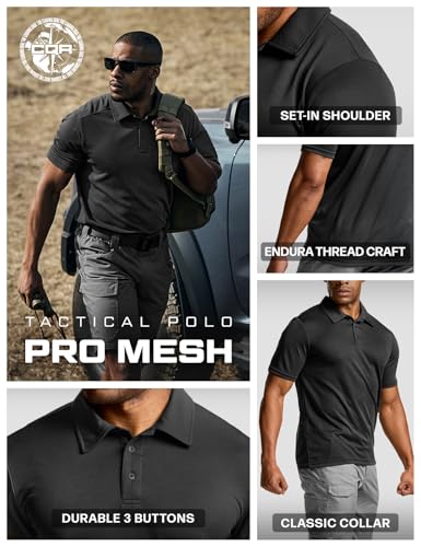 CQR Men's Large Black Quick Dry Tactical Polo Shirt - Breathable Outdoor Golf & Activewear