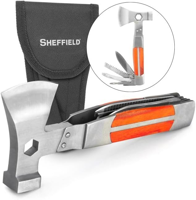 Sheffield 12301 Multi Tool Axe - 12-in-1 Camping Utility Tool with Stainless Steel Knife | Perfect Gifts for Men & Dads