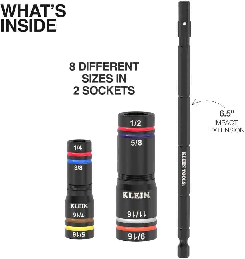 Klein Tools KNECT Quad Socket Set - 4-in-1 Color Coded, Heavy-Duty SAE Impact, 12 Sizes
