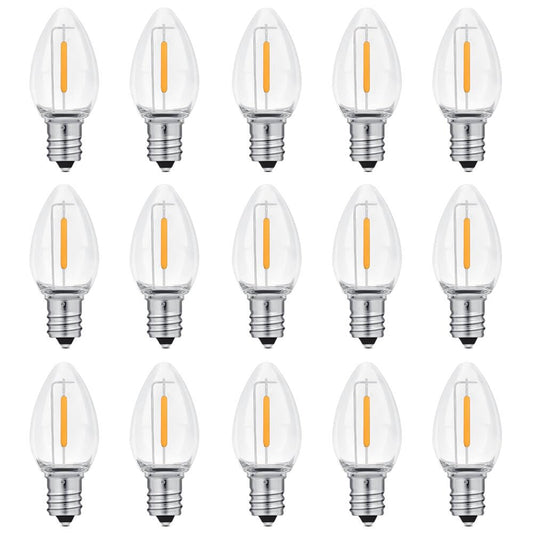 NETEHA 15 Pack C7 Clear Led Replacement Christmas Light Bulb, C7 E12 Base 120V Waterproof Led Bulbs for Christmas Outdoor String Lights, Halloween Decoration Bulb