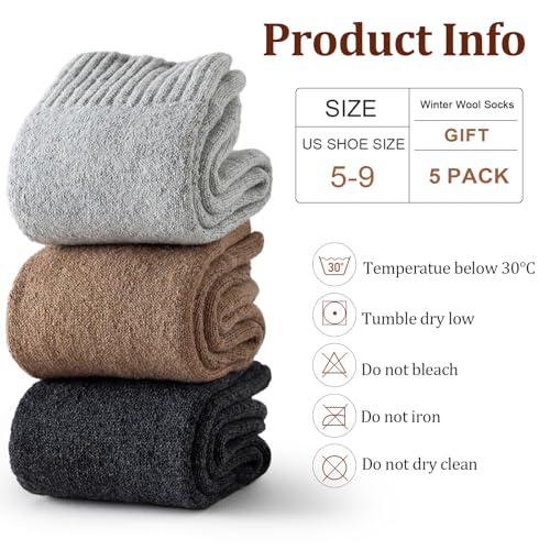 Winter Wool Socks for Women - Thick Warm Vintage Crew - Grey, White, Black, Khaki, Light