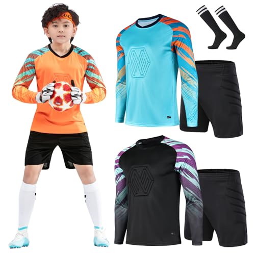 Kids Soccer Goalie Jersey & Shorts Set - Youth Long Sleeve Uniform, Size 13-14 Years, Orange