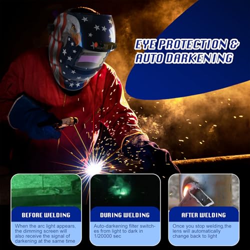 WR01A Welding Helmet Auto Darkening with LED Light True Color Solar Powered Welder Hood with Adjustable Shade Range 4/9-13 for Mig Tig Arc Welding Mask (Blue Eagle II)