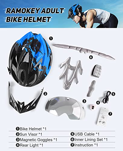 Tadpole Bike Helmet with Light & Goggles - Blue, Adult Unisex