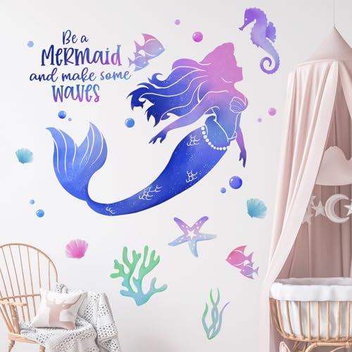 Yovkky Be a Mermaid Gradient Wall Decals Stickers, Under The Sea Ocean Creatures Starfish Seahorse Baby Nursery Decor, Beach Coastal Coral Conch Fish Bubble Home Decorations Girls Bedroom Playroom Art