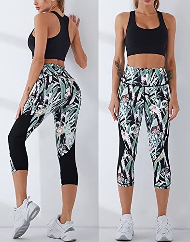 AGSWQ Women's High Waist Capri Leggings with Pockets - Floral & Black, Medium