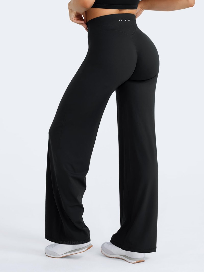 YEOREO Straight Leg Workout Leggings Hidden Scrunch High Waist Gym Pants No Front Seam Wide Leg Yoga Pants Black M