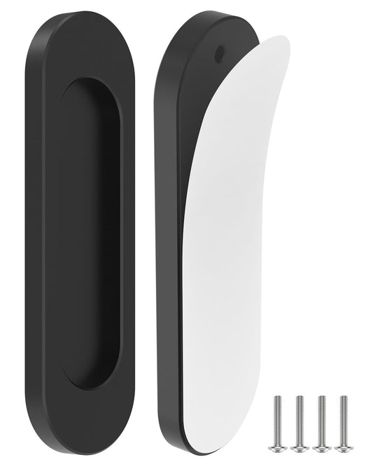 MeBantoo 2 Pack Self-Stick Door Handles, 4 Inch Aluminum Alloy Self Adhesive Flat Finger Pulls, No Drill Cabinet Knobs for Drawer, Sliding Glass/Barn/Closet/Balcony Doors (2, Black)