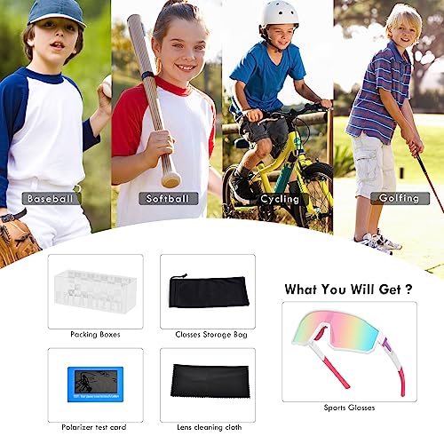Youth Baseball Sunglasses with TR90 Frame - White Frame Pink Lenses