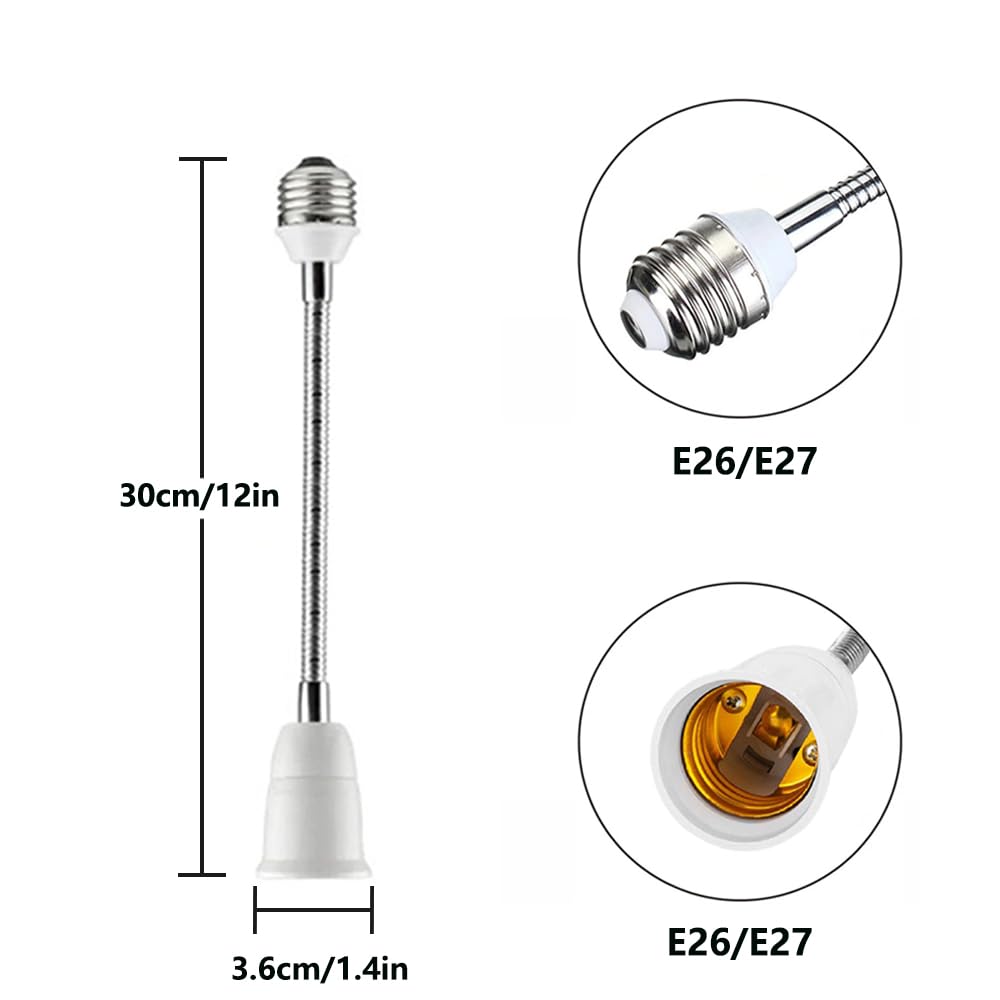 E26/E27 Light Socket Extender Adapter, 30cm/12 inch Light Bulb Extension,E26 to E26 Flexible Extension,360° Bendable Adjustable Standard E26/E27 Bulb Screw Base Extender Adapte,White (2 Pack)
