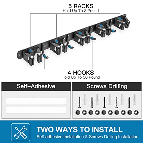 IMILLET 2 Pack Broom and Mop Holder Wall Mounted, Broom Holder Stainless Steel Broom Organizer Heavy Duty Tools Organizer Self Adhesive for Laundry Room Garage Garden£¨5 Racks and 4 Hooks£©