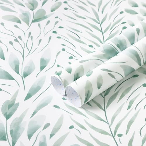 Safiyya Peel and Stick Wallpaper Leaf Contact Paper 78.7" x 17.3" Light Green Wall Paper Modern Self Adhesive Removable Wallpaper for Bedroom Bathroom Vinyl Rolls
