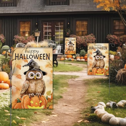 Happy Halloween Garden Flag 12x18 Inch Double-Sided Burlap Pumpkin Owl Yard Sign