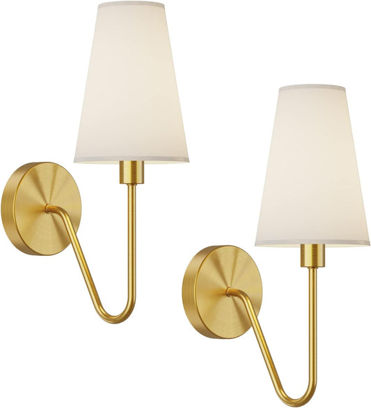 Gold Wall Sconce Lighting Fixture - Set of 2 Classic E12 Hardwired Lamps with Cream Shades