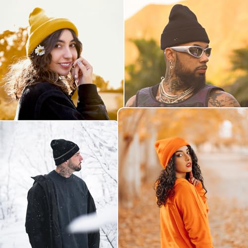 Warm Winter Beanie Hat for Men & Women - Double-Sided Black/Orange