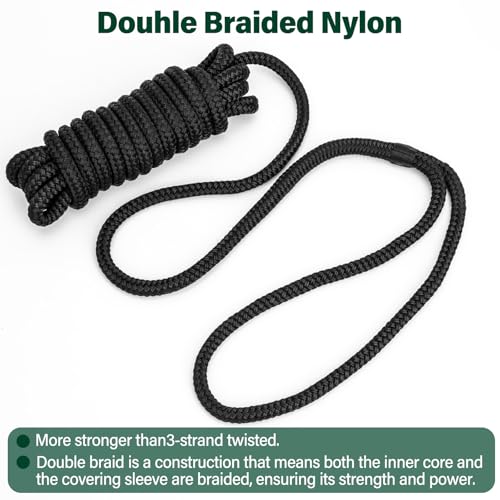 PropelTech 2 Pack 3/8" x 20' Nylon Dock Lines with Reinforced Eye Loops, Black Marine Rope Set
