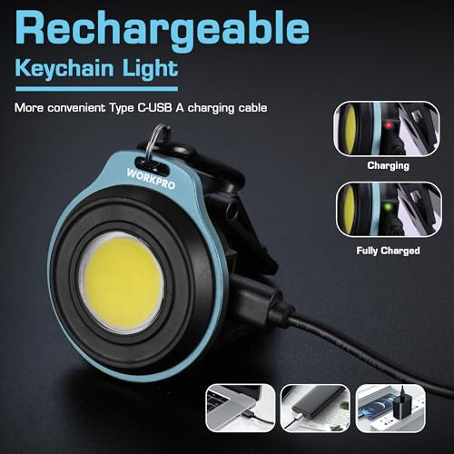 WORKPRO COB Keychain Work Light, 3Pcs EDC Rechargeable Mini Keychain Flashlight, Magnetic Carabiner Flashlight with Hat Clip, 3 Light Modes Emergency Light for Running, Hiking and Fishing, Multicolor