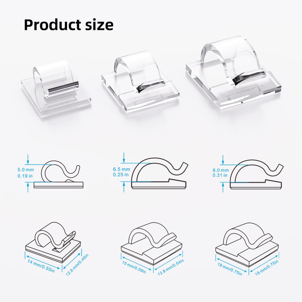 ITUGOU 100 PCS Cable Clips Cord Organizer (Small, Medium,Large),Wire Holder for Cable Management, Outdoor Light Clips Light Hooks for LED String,Car Dash Cam, Extension Cord (Clear)