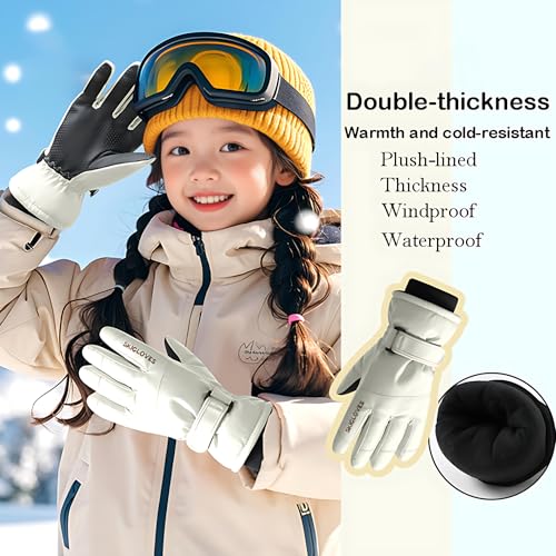 Kids Winter Ski Gloves - Windproof Water-Resistant Thermal - Off-White