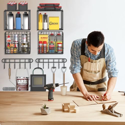 TomCare 2 Pack Garage Shelving Heavy Duty Garage Storage Shelves with Wire Baskets Laundry Room Shelves Wall Mounted shelving Tool Organizer for Shed Garden Kitchen Organization and Storage