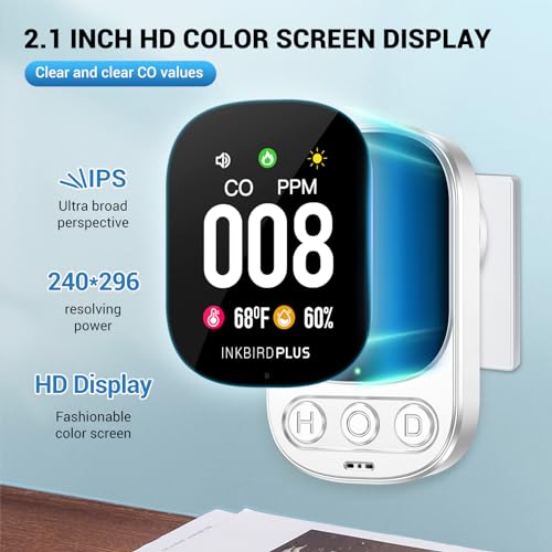 Carbon Monoxide Detectors, INKBIRDPLUS Carbon Monoxide Detector Plug in with Temperature Humidity Sensor Built-in, CO Gas Level Monitor Alarm with HD IPS Display Sound Warning for Home Hotel Camp RV