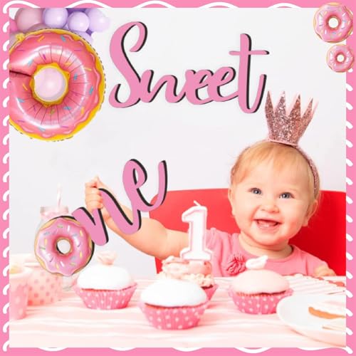 Wooden Sweet One Birthday Sign Decals for Backdrop Baby Girls First Birthday Decorations Donut Birthday Party Supplies for 1 Year Old Girl Sweet First Birthday Party Sign Banner Baby Girls Photo Props
