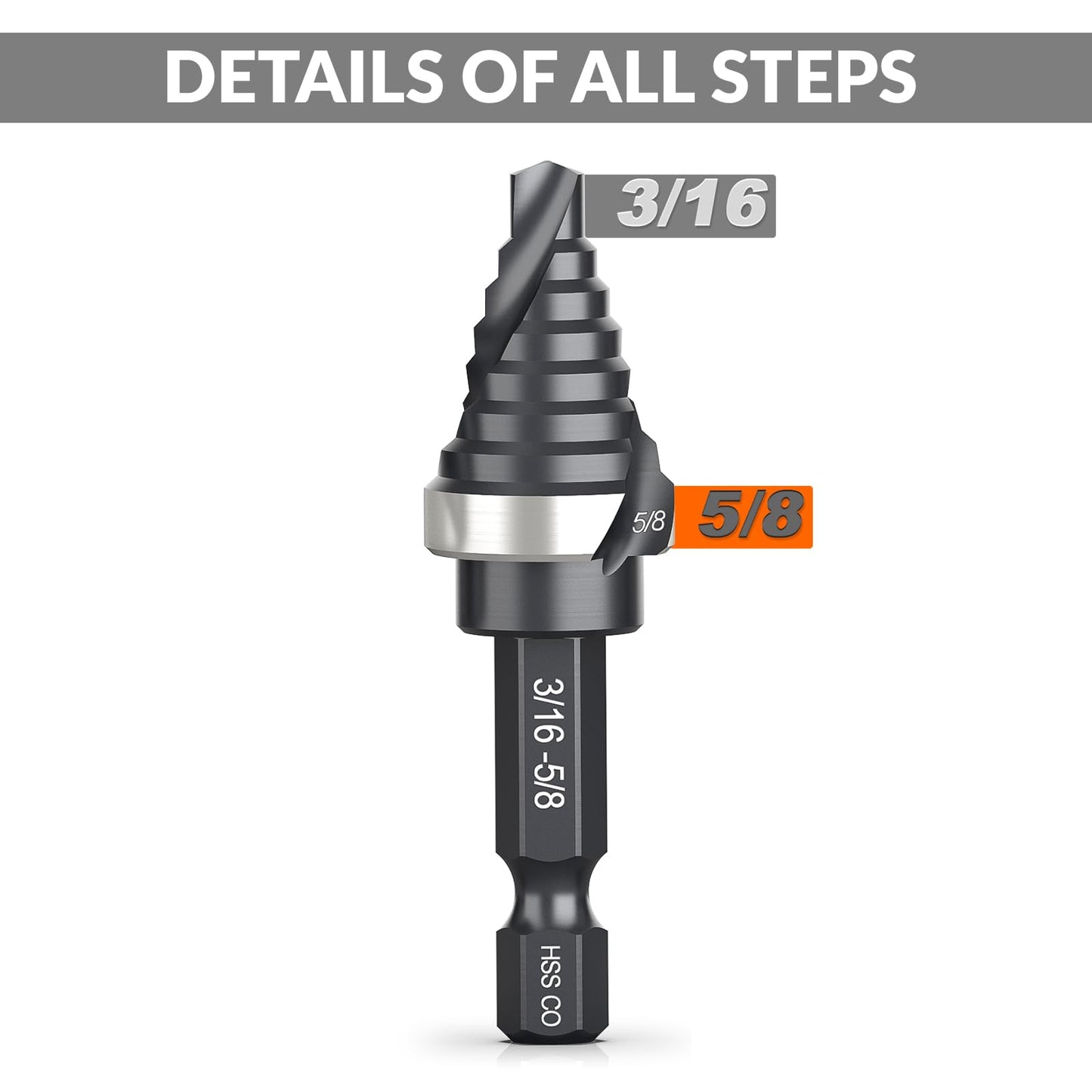THINKWORK M35 Cobalt Spiral Flute Step Drill Bit, Single Size HSS Step Bit 5/8", Small Size EDC 1/4" Shank Step Bits for Metal, Carbon Steel, Stainless Steel, Wood, Plastic