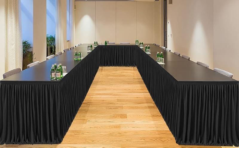 PARTISKY 17ft Black Polyester Ruffle Table Skirt for Banquet & Wedding Tables