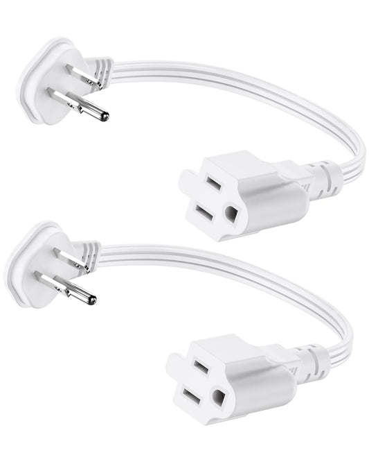 Flat Plug 1Ft Short Extension Cord, White 90-Degree Plug Low Profile Power Adapter, 3-Prong Indoor Grounded Small Extension Cord 16AWG 13A 1625W 2 Pack