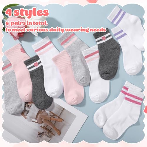 Girls Athletic Crew Socks - 6 Pairs, Ages 6-10, White, Gray, Pink