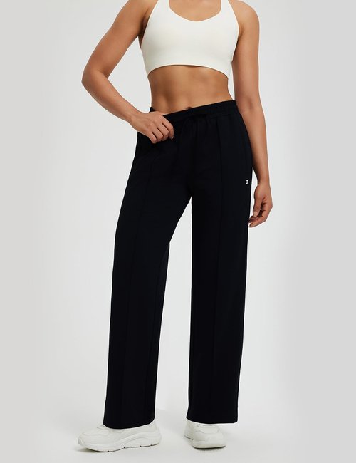 baleaf Women's Fleece Lined Pants Wide Leg Track Pants with Zipper Pockets Loose Fit Straight Leg Pull-on Pants Drawstring Black M
