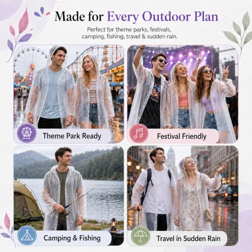 Reusable Waterproof Rain Ponchos for Adults - Translucent White (2 Pack)